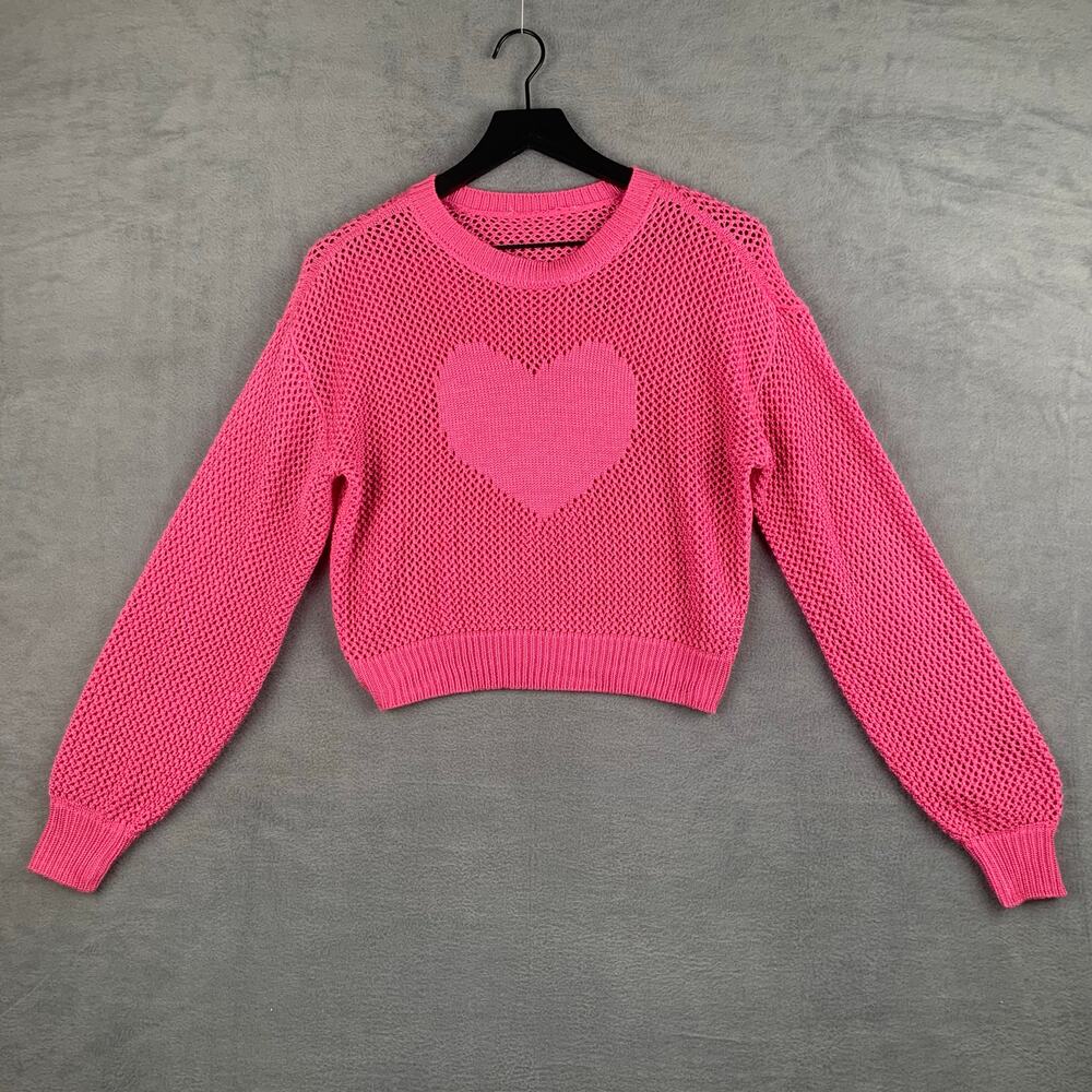 Pink Knit Heart Sweater Cropped Pullover Cute Valentine Y2K Small